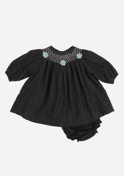 Smocked Heirloom Dress with Flowers, Anthracite
