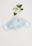 "Be Safe. Be Kind" Hand Embroidered Heirloom Mask - Scattered Roses, Swiss Dot, Powder Blue