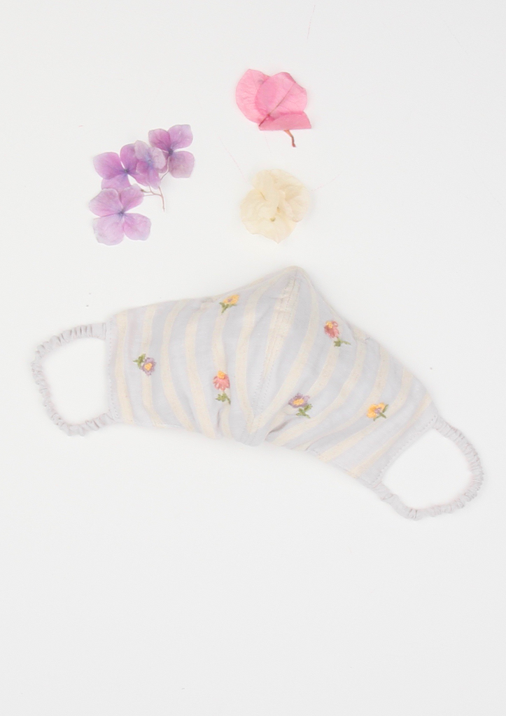 "Be Safe. Be Kind" Hand Embroidered Heirloom Mask - Flowers in the Wind, Dove Grey