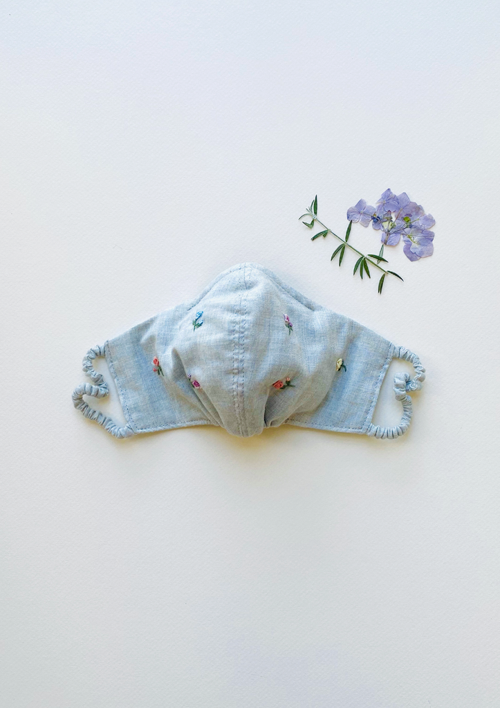 "Be Safe. Be Kind" Hand Embroidered Heirloom Mask - Scattered Roses, Grey Blue