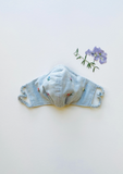 "Be Safe. Be Kind" Hand Embroidered Heirloom Mask - Scattered Roses, Grey Blue