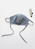 "Be Safe. Be Kind" Hand Embroidered Adjustable Heirloom Mask - Falling Rose Buds, Grey