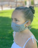 "Be Safe. Be Kind" Hand Embroidered Adjustable Heirloom Mask - Falling Rose Buds, Grey
