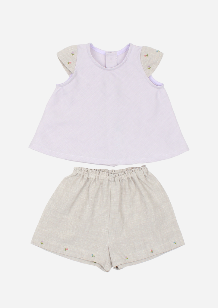 Cap Sleeve Rose Bud Top & Shorts, Lavender & Grey