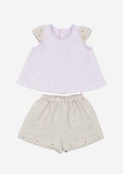 Cap Sleeve Rose Bud Top & Shorts, Lavender & Grey