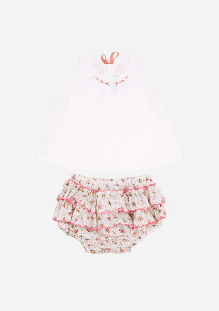 Rose Necklace Top & Ruffle Bottom, Ivory Floral