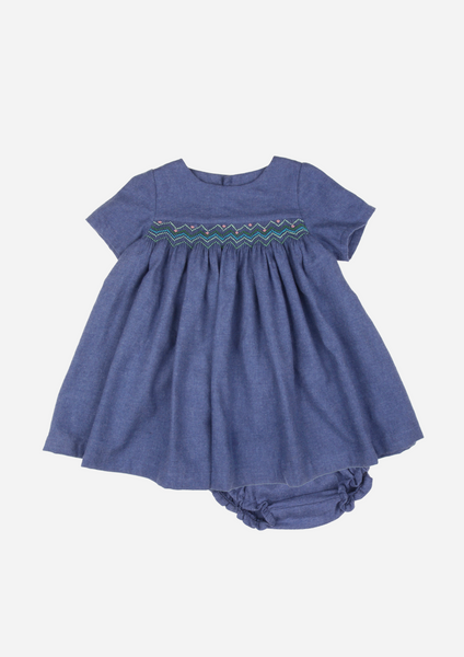 Short Sleeved Smocked Heirloom Dress, Cerulean