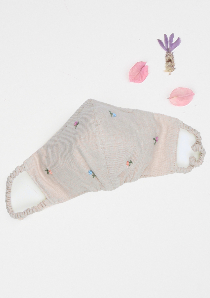 "Be Safe. Be Kind" Hand Embroidered Heirloom Mask - Scattered Roses, Nude