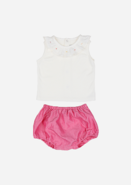Ruffle Collar Top with Roses and Bloomer, Ivory and Fuchsia