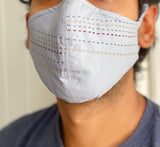 "Be Safe. Be Kind" Hand Embroidered Heirloom Mask - Running Stitch, Slate Blue