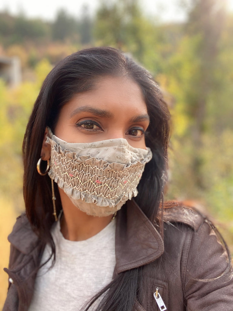 Be Safe. Be Kind" Hand Smocked Heirloom Mask - Swiss Dot, Vintage Bark
