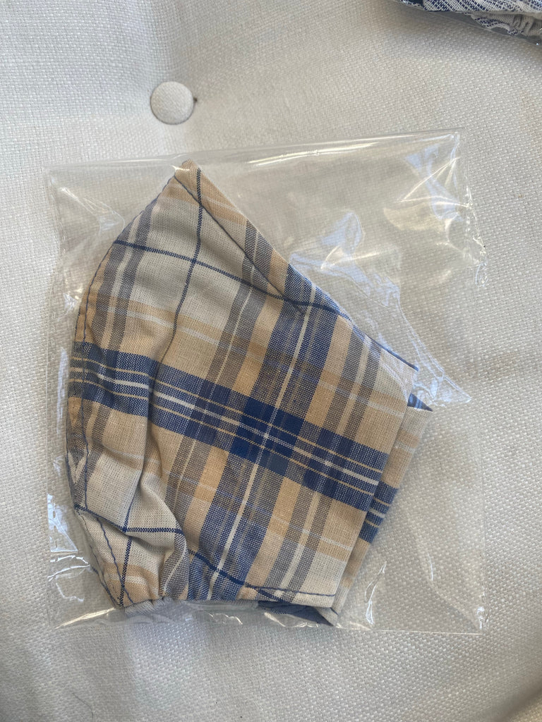"Be Safe. Be Kind" Printed Heirloom Mask - Blue & Tan Plaid
