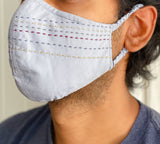 "Be Safe. Be Kind" Hand Embroidered Heirloom Mask - Running Stitch, Slate Blue