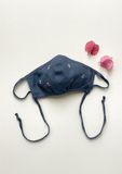 "Be Safe. Be Kind" Hand Embroidered Heirloom Mask, Adjustable - Scattered Tulips, InK