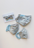 "Be Safe. Be Kind" Hand Embroidered Heirloom Mask - Scattered Roses, Grey Blue