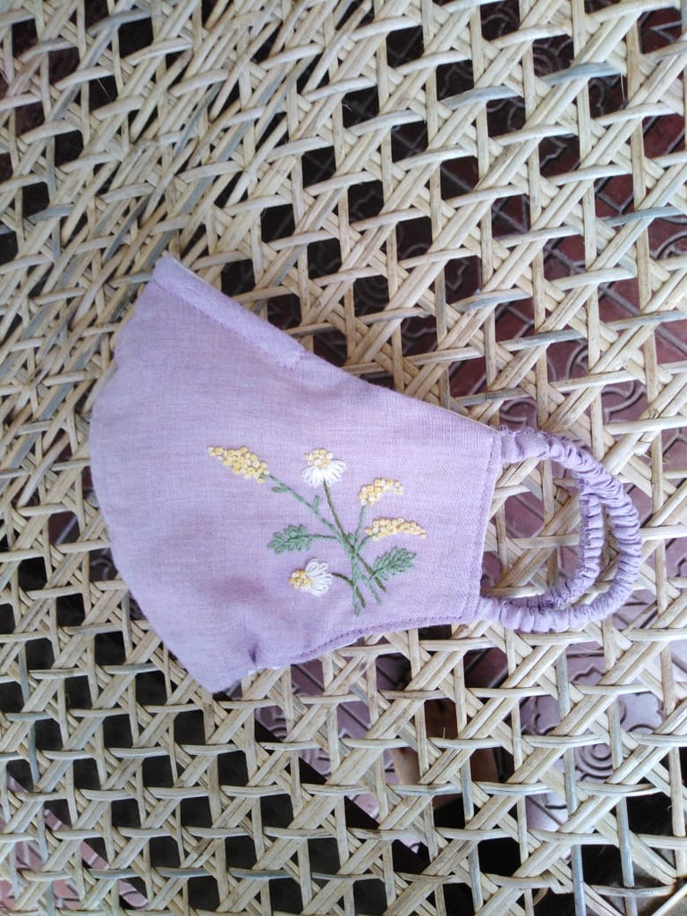 "Be Safe. Be Kind" Hand Embroidered Heirloom Mask - Fall Goldenrod, Mauve Organic