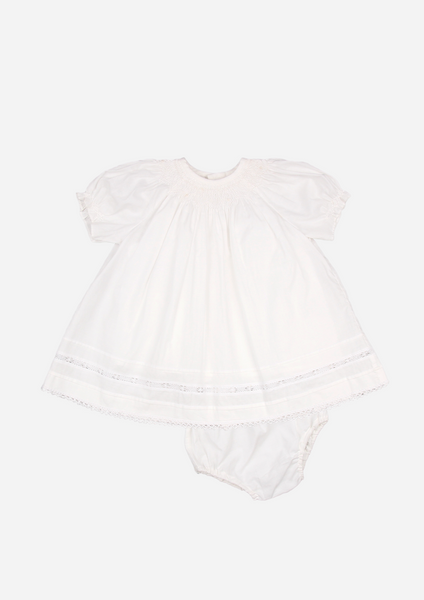 Smocked Lace Inserted Dress, White