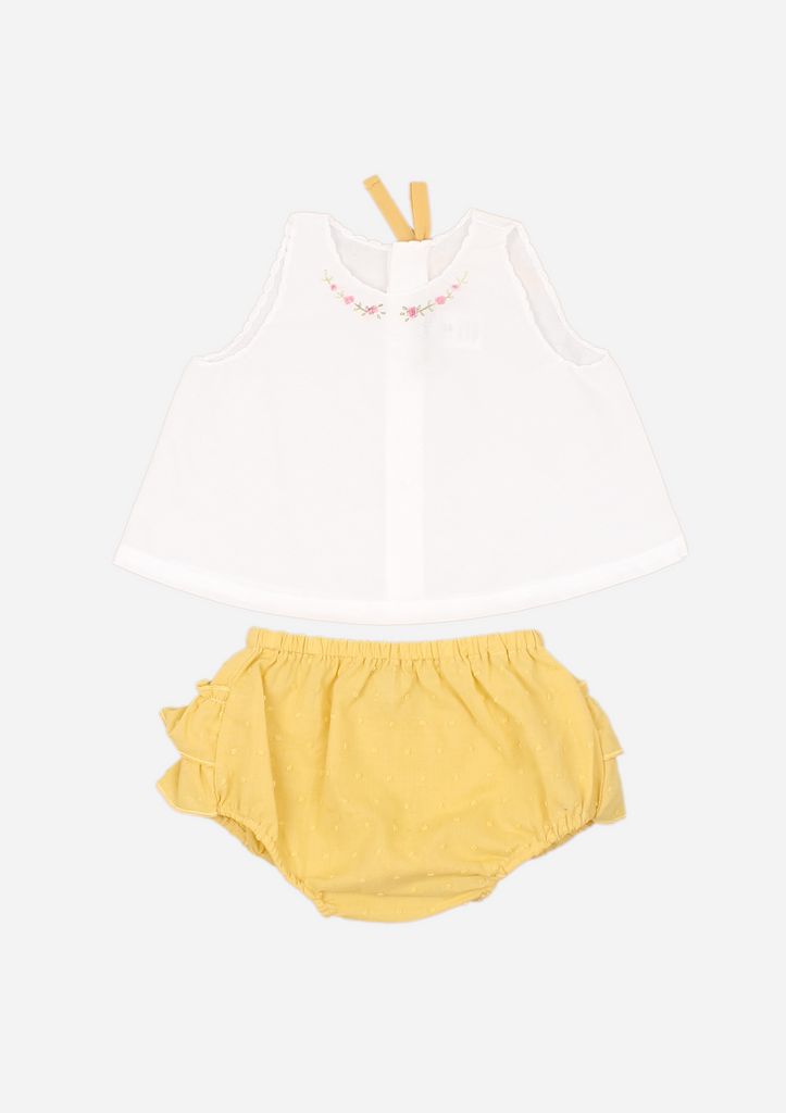 Rose Necklace Top & Ruffle Bottom, Ivory and Canary Yellow