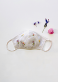 "Be Safe. Be Kind" Hand Embroidered Heirloom Mask - Flowers in the Wind, Eggshell
