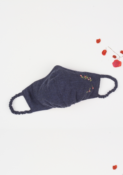"Be Safe. Be Kind" Hand Embroidered Heirloom Mask - Falling Rose Buds, Navy