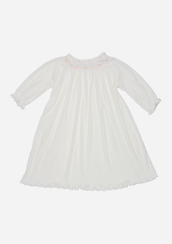 Long Sleeve Smocked Rib Day Gown, White