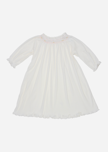 Long Sleeve Smocked Rib Day Gown, White