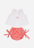 Bird Embroidered Top and Bloomer, White & Coral