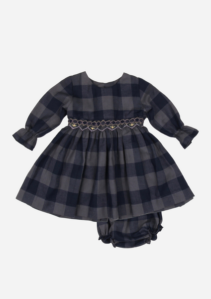 Smocked Heirloom Dress with Belt, Navy Plaid