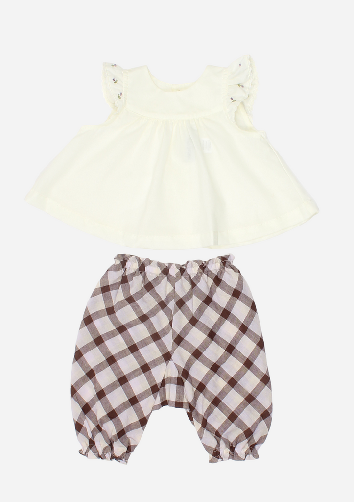 Flutter Sleeve Rose Bud Top & Pants, Butter and Checks
