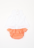 Smocked Scattered Roses Top & Bloomer, White & Coral