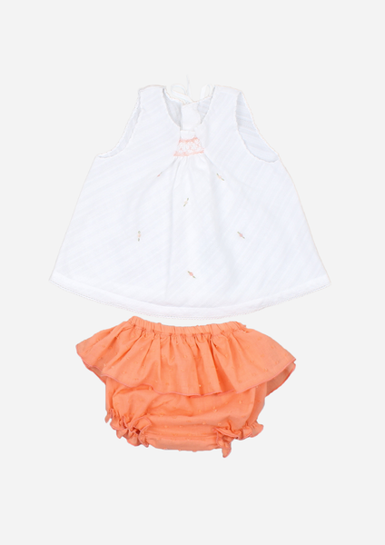 Smocked Scattered Roses Top & Bloomer, White & Coral