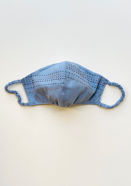 "Be Safe. Be Kind" Hand Embroidered Heirloom Mask - Running Stitch, Slate Blue