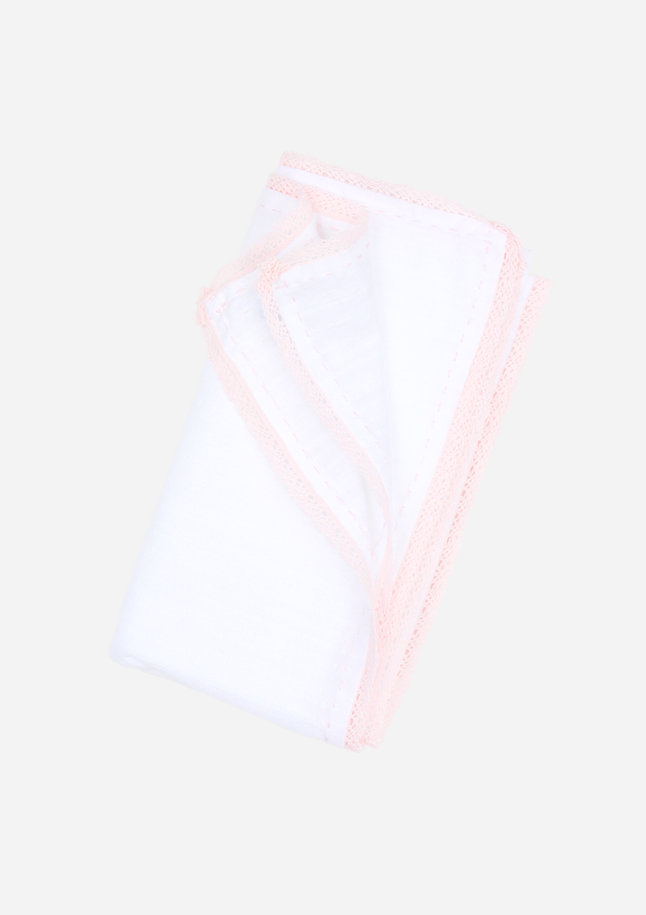 Classic Heirloom Swaddle, White with Pink Stitching and Lace