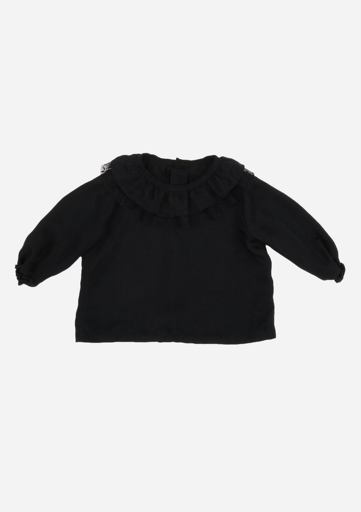 Heirloom Blouse with Ruffle Collar & Tulle Lace, Black