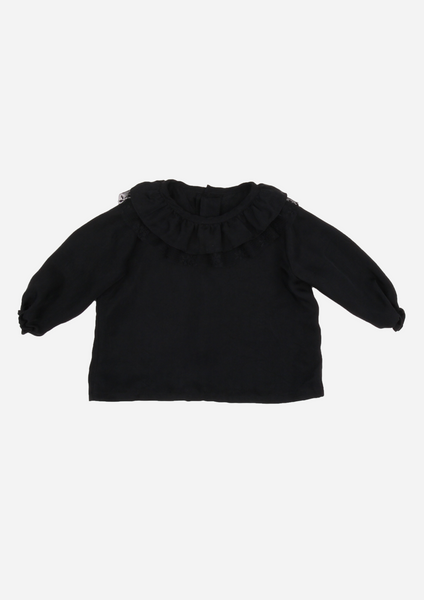 Heirloom Blouse with Ruffle Collar & Tulle Lace, Black