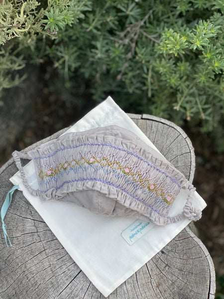 Be Safe. Be Kind" Hand Smocked Heirloom Mask - Swiss Dot, Vintage Grey