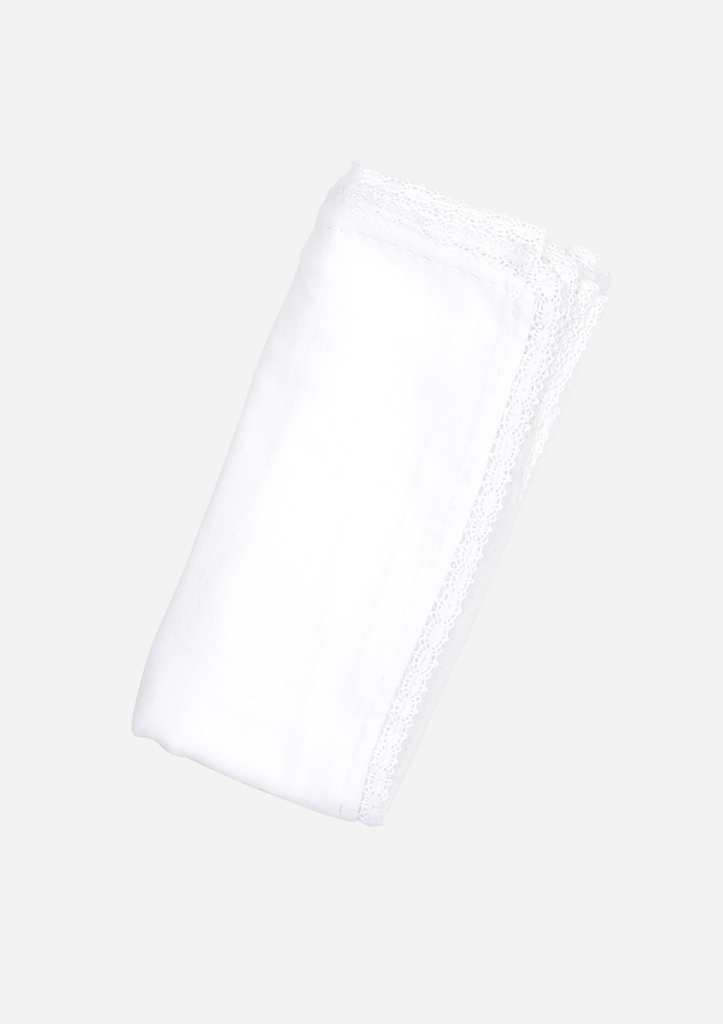 Classic Heirloom Swaddle, White with White Stitching and Lace
