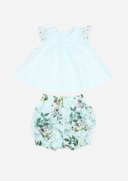 Flutter Sleeve Top with Rose Buds and Tropical Print Bloomers, Mint