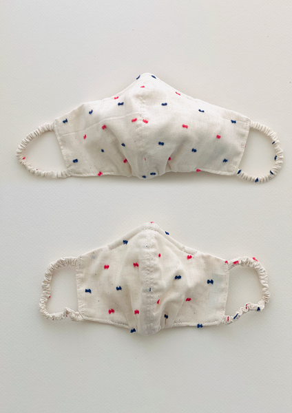"Be Safe. Be Kind" Printed Heirloom Mask - Red & Blue Swiss Dots