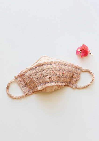 "Be Safe. Be Kind" Hand Smocked Heirloom Mask - Swiss Dot, Vintage Peach